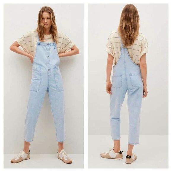 NEW Mango light‎ blue denim overalls w/ knot straps and deep pockets Size L boho - Picture 2 of 12